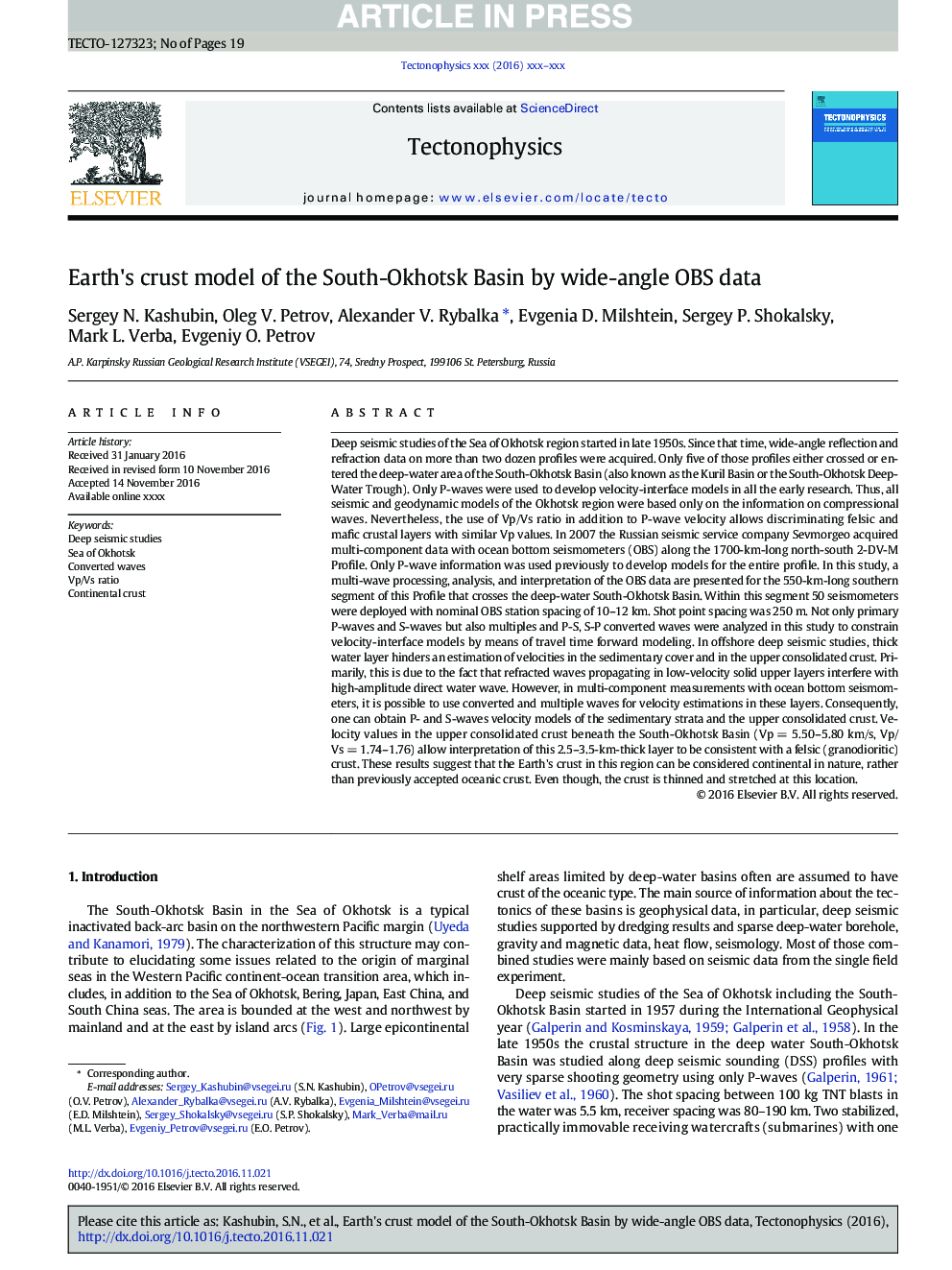 Earth's crust model of the South-Okhotsk Basin by wide-angle OBS data