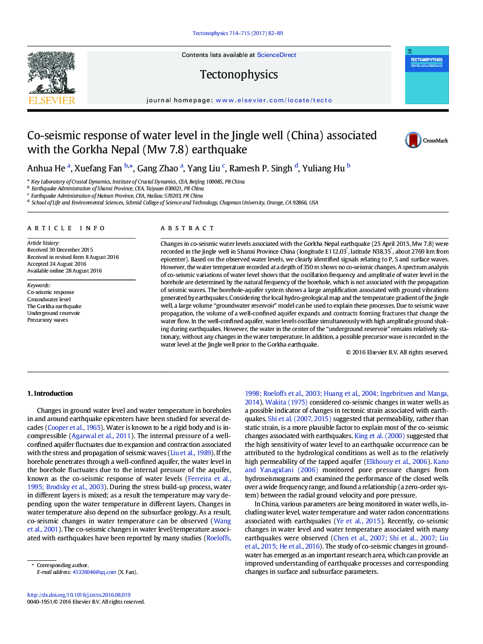 Co-seismic response of water level in the Jingle well (China) associated with the Gorkha Nepal (Mw 7.8) earthquake