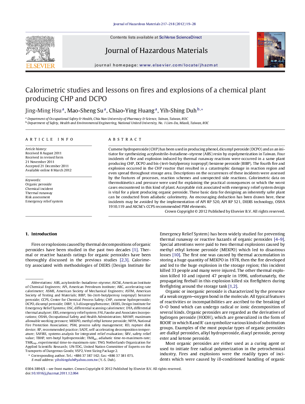 Calorimetric studies and lessons on fires and explosions of a chemical plant producing CHP and DCPO