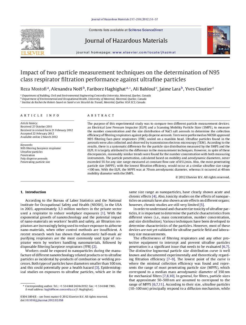 Impact of two particle measurement techniques on the determination of N95 class respirator filtration performance against ultrafine particles