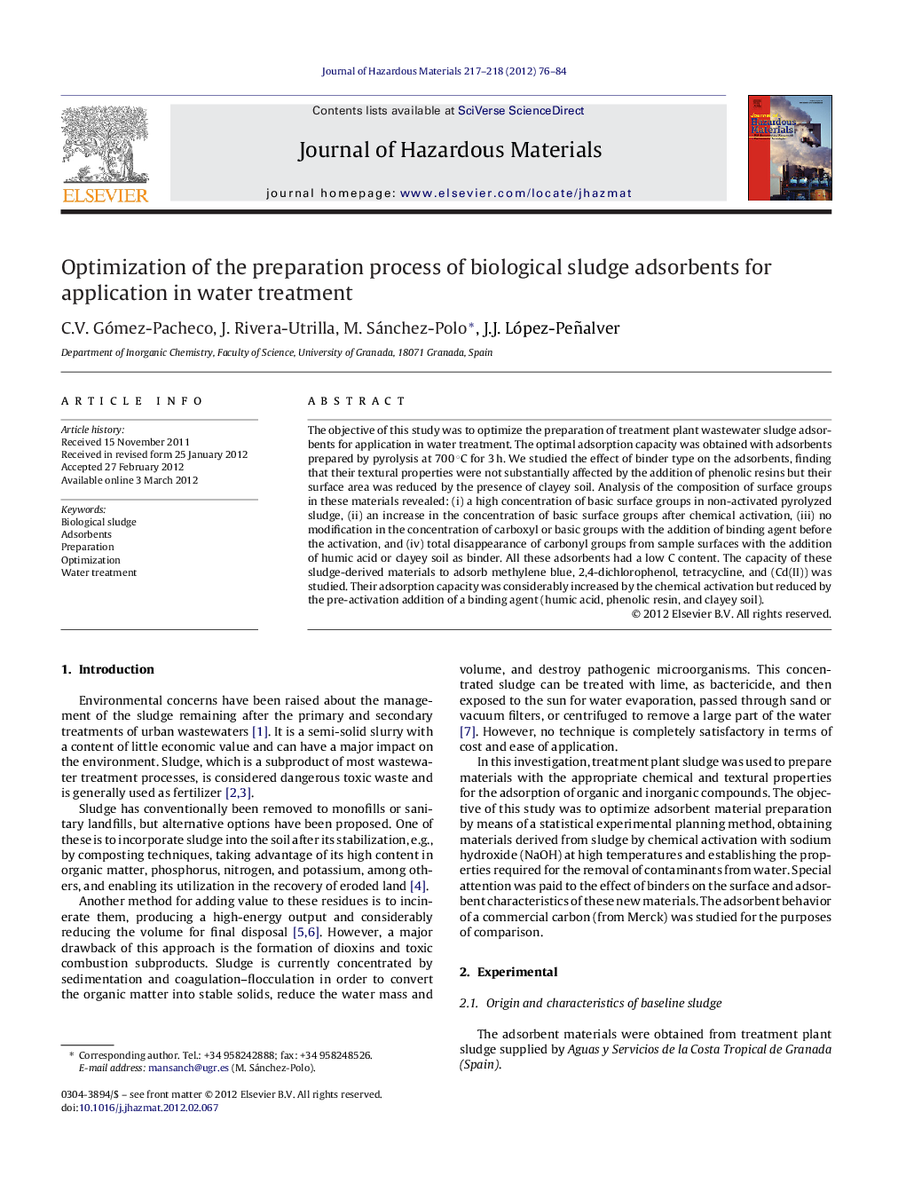 Optimization of the preparation process of biological sludge adsorbents for application in water treatment