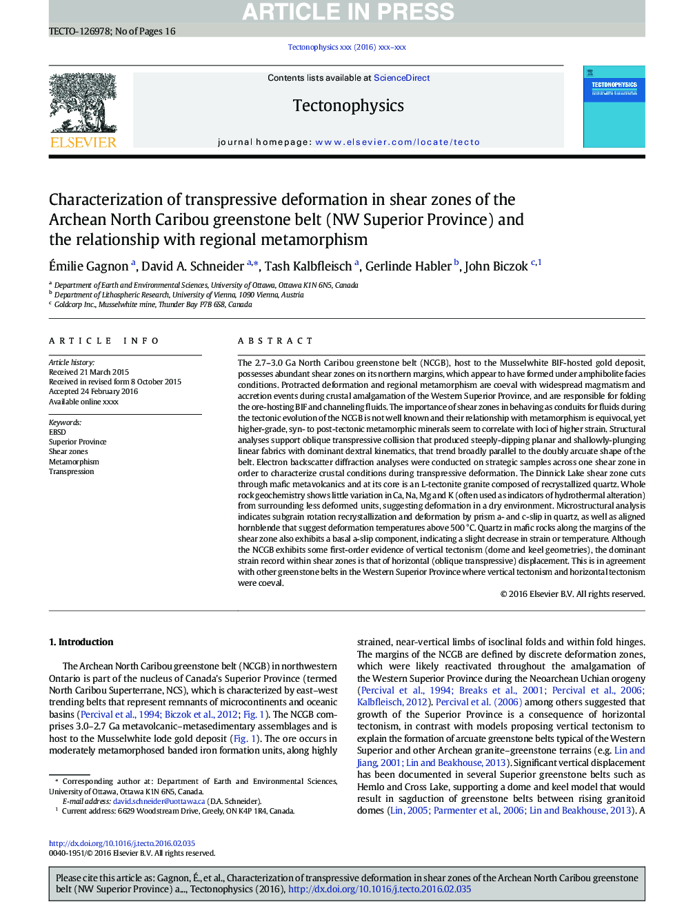 Characterization of transpressive deformation in shear zones of the Archean North Caribou greenstone belt (NW Superior Province) and the relationship with regional metamorphism