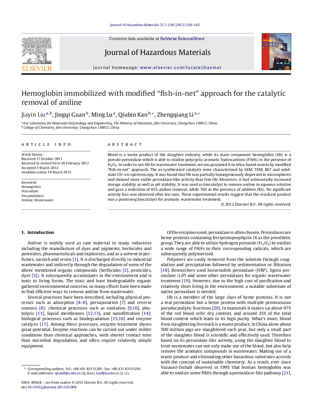 Hemoglobin immobilized with modified “fish-in-net” approach for the catalytic removal of aniline