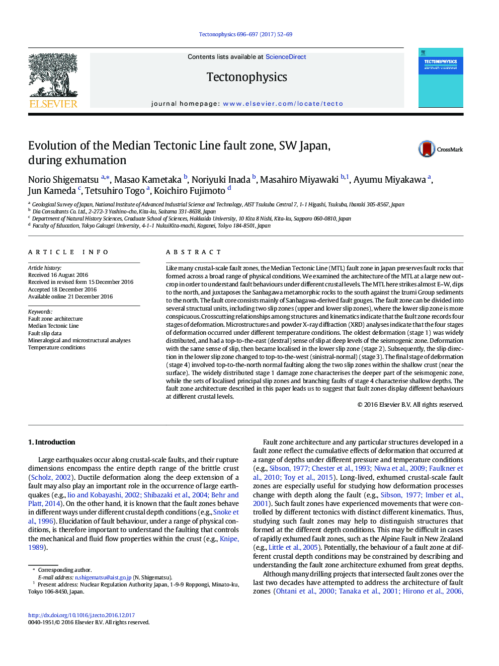 Evolution of the Median Tectonic Line fault zone, SW Japan, during exhumation