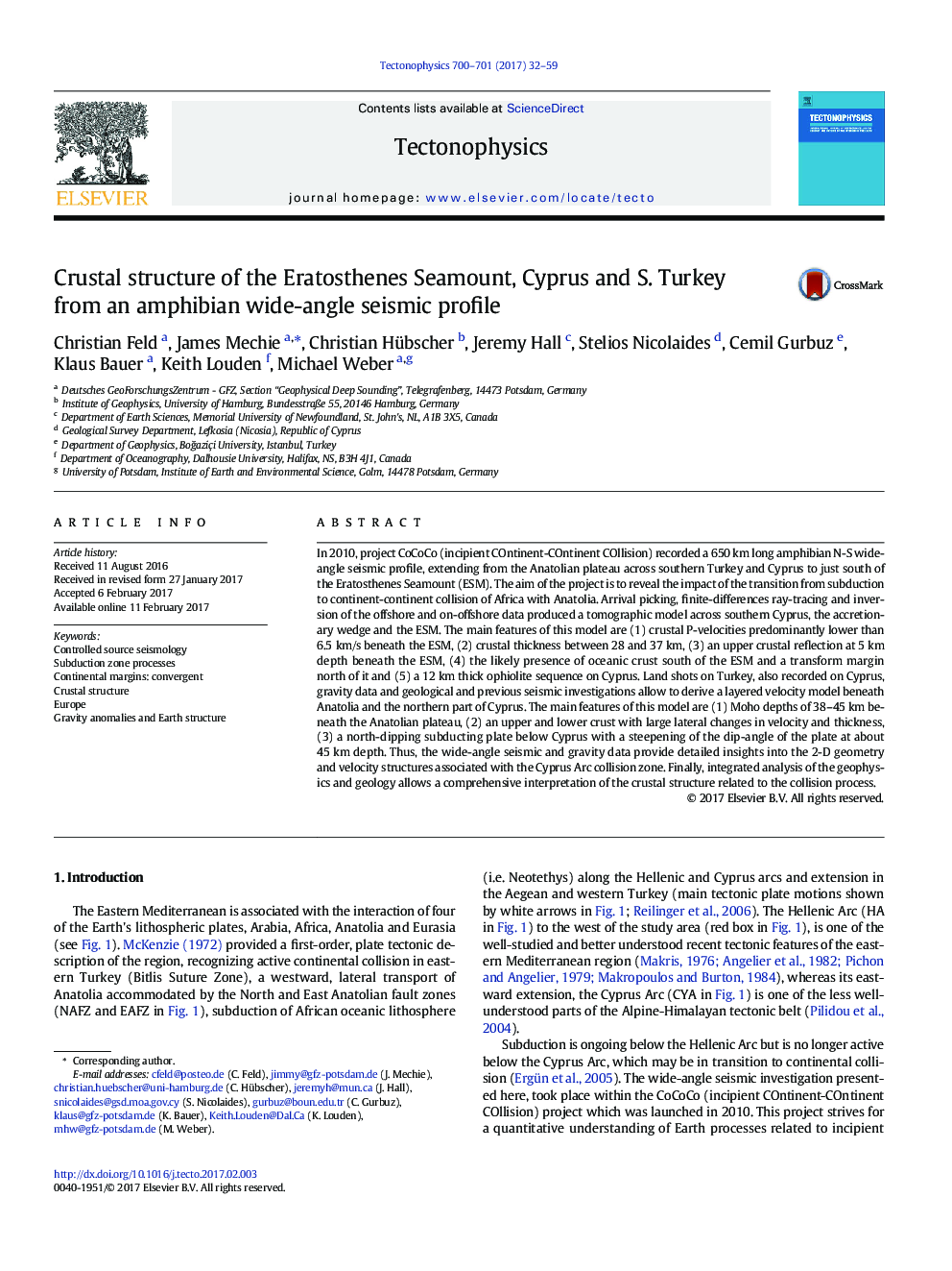 Crustal structure of the Eratosthenes Seamount, Cyprus and S. Turkey from an amphibian wide-angle seismic profile