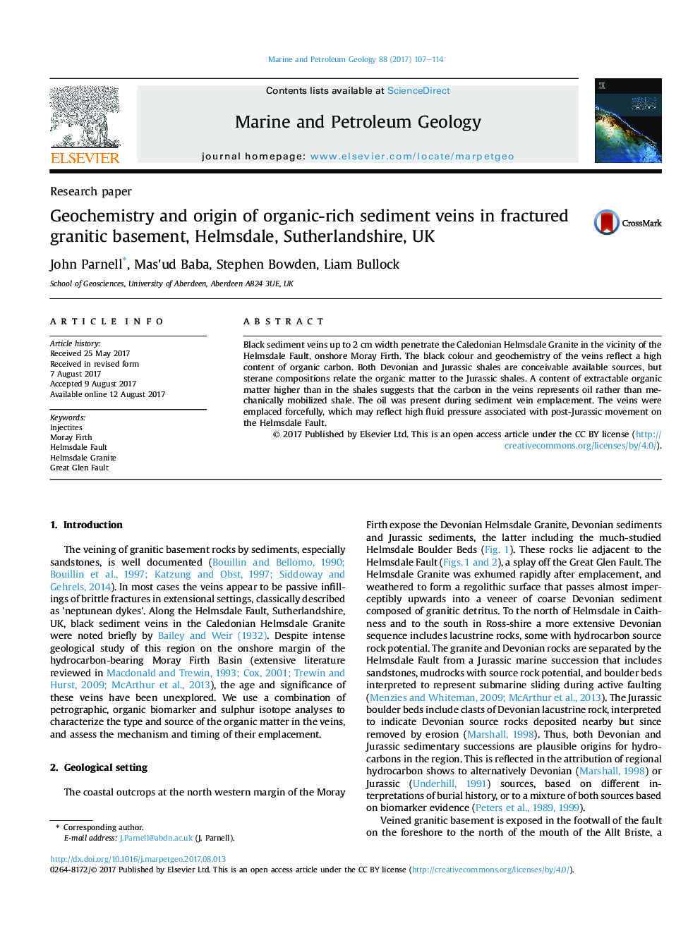 Geochemistry and origin of organic-rich sediment veins in fractured granitic basement, Helmsdale, Sutherlandshire, UK