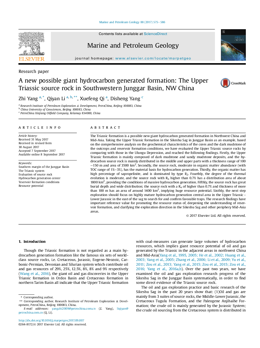 A new possible giant hydrocarbon generated formation: The Upper Triassic source rock in Southwestern Junggar Basin, NW China