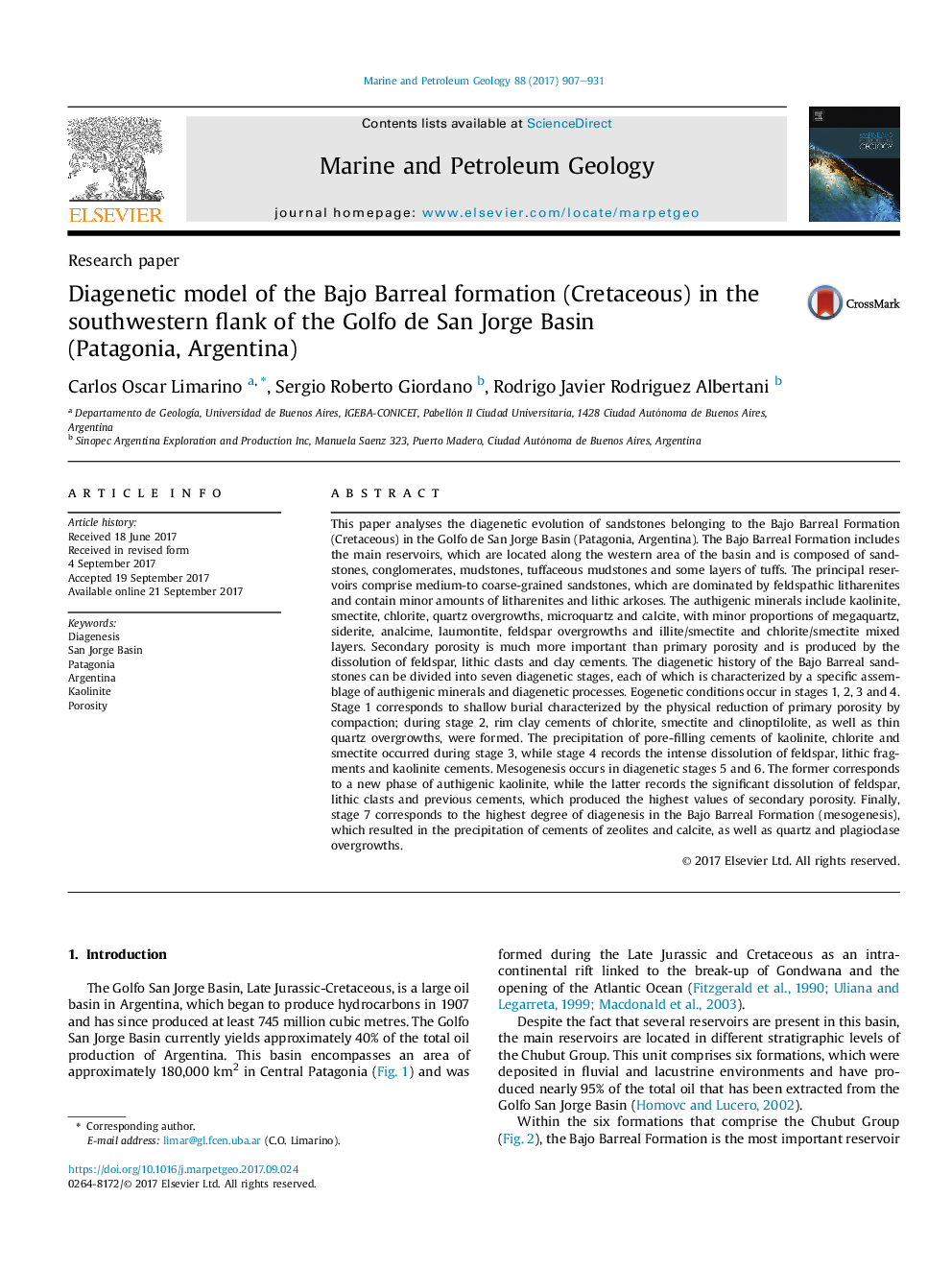 Research paperDiagenetic model of the Bajo Barreal formation (Cretaceous) in the southwestern flank of the Golfo de San Jorge Basin (Patagonia,Â Argentina)