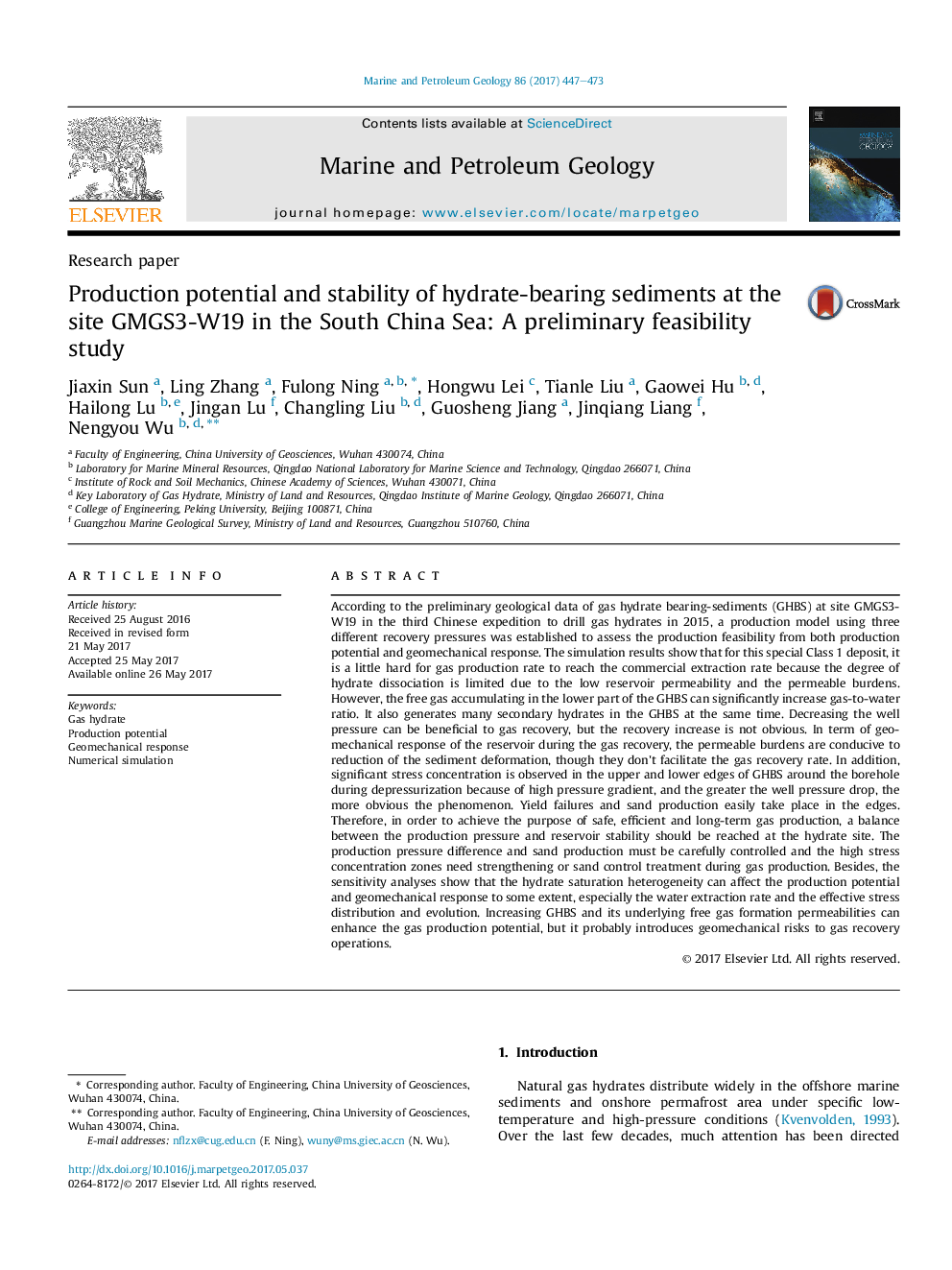 Research paperProduction potential and stability of hydrate-bearing sediments at the site GMGS3-W19 in the South China Sea: A preliminary feasibility study