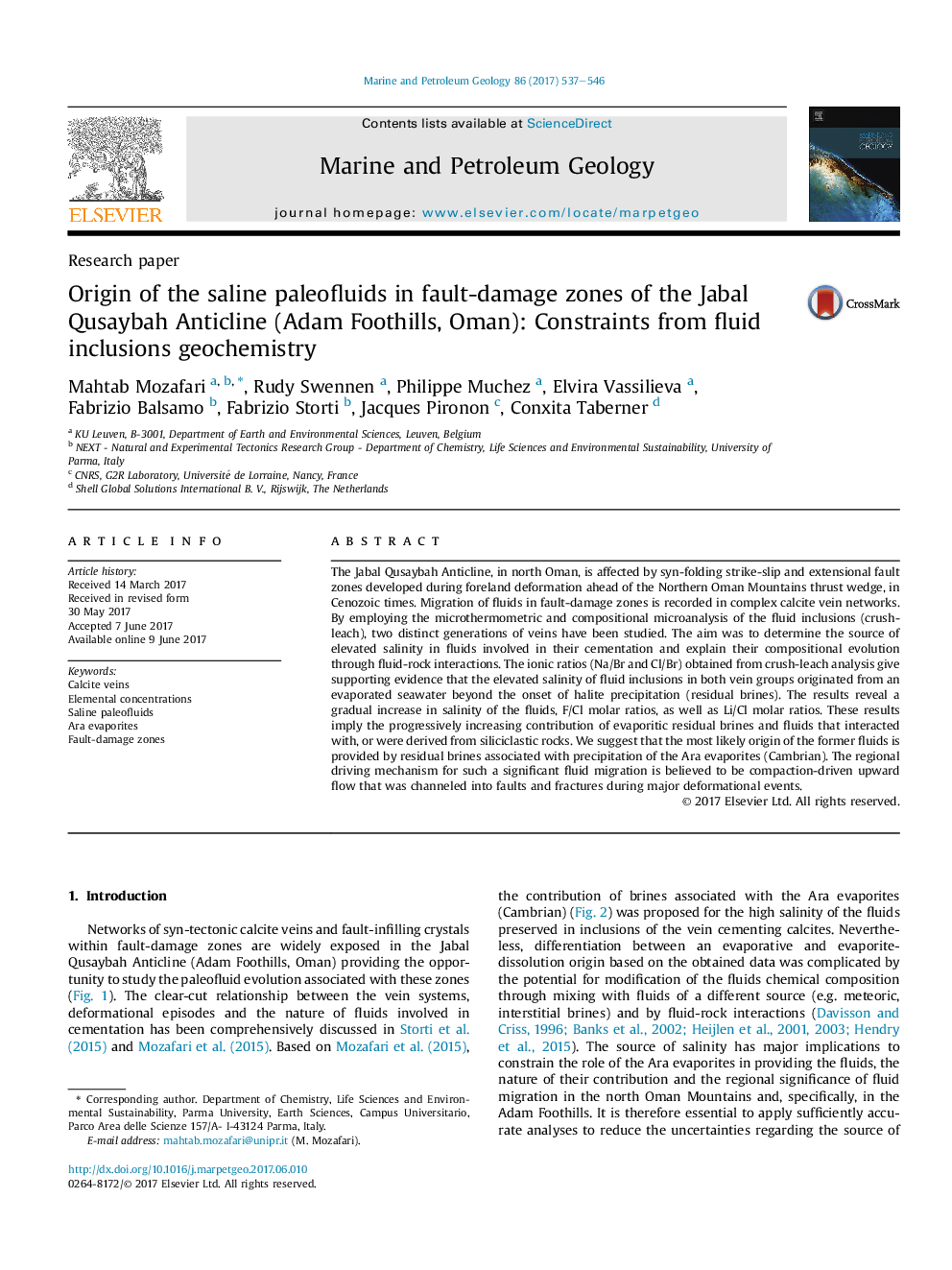 Research paperOrigin of the saline paleofluids in fault-damage zones of the Jabal Qusaybah Anticline (Adam Foothills, Oman): Constraints from fluid inclusions geochemistry