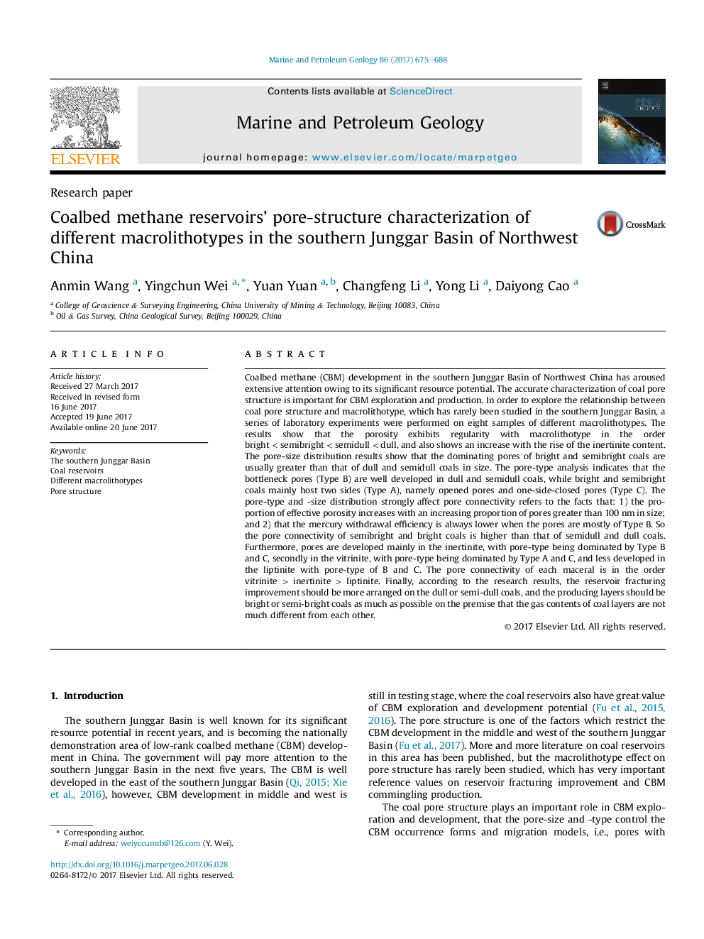 Coalbed methane reservoirs' pore-structure characterization of different macrolithotypes in the southern Junggar Basin of Northwest China