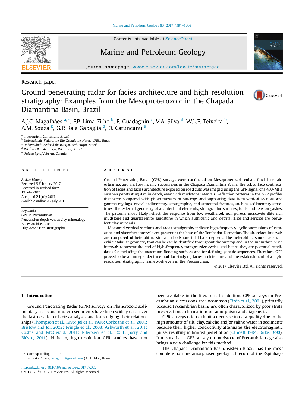 Ground penetrating radar for facies architecture and high-resolution stratigraphy: Examples from the Mesoproterozoic in the Chapada Diamantina Basin, Brazil