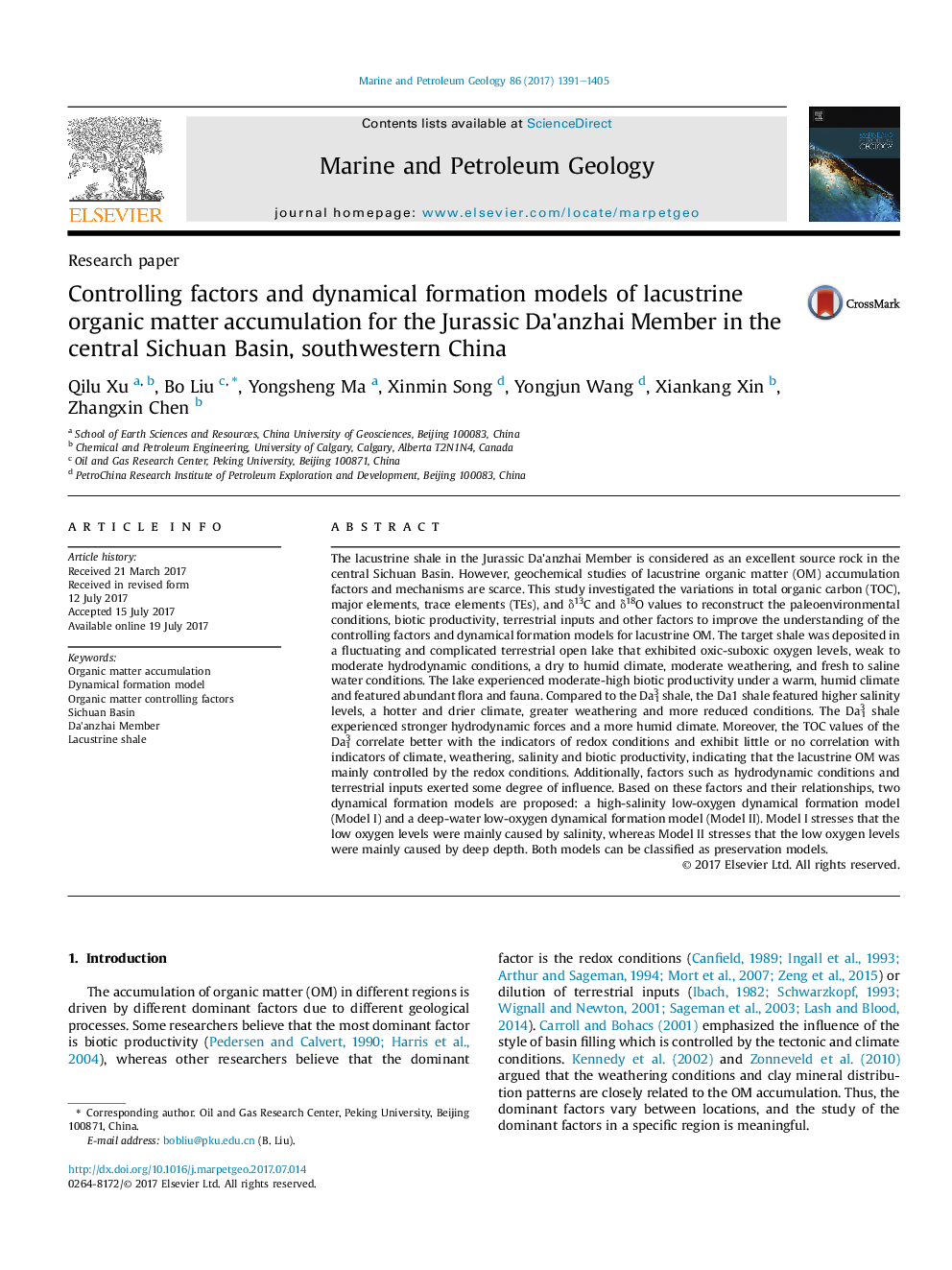 Research paperControlling factors and dynamical formation models of lacustrine organic matter accumulation for the Jurassic Da'anzhai Member in the central Sichuan Basin, southwestern China