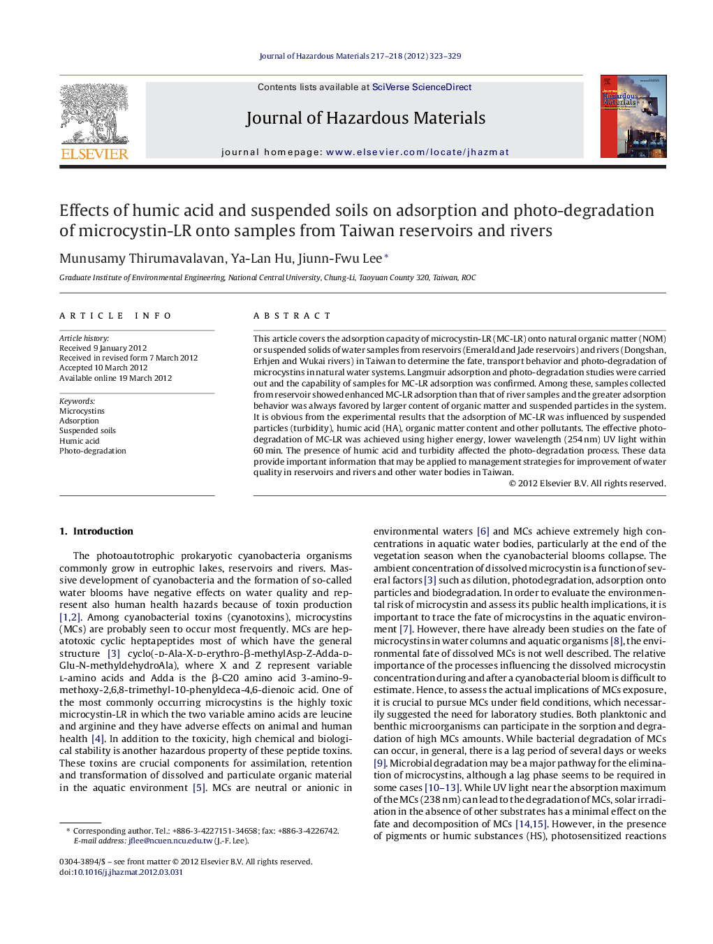 Effects of humic acid and suspended soils on adsorption and photo-degradation of microcystin-LR onto samples from Taiwan reservoirs and rivers