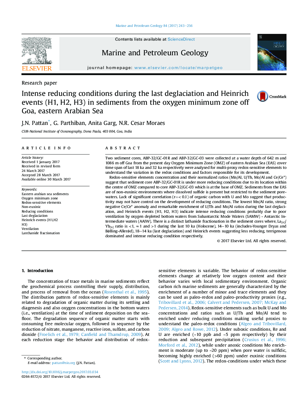 Intense reducing conditions during the last deglaciation and Heinrich events (H1, H2, H3) in sediments from the oxygen minimum zone off Goa, eastern Arabian Sea