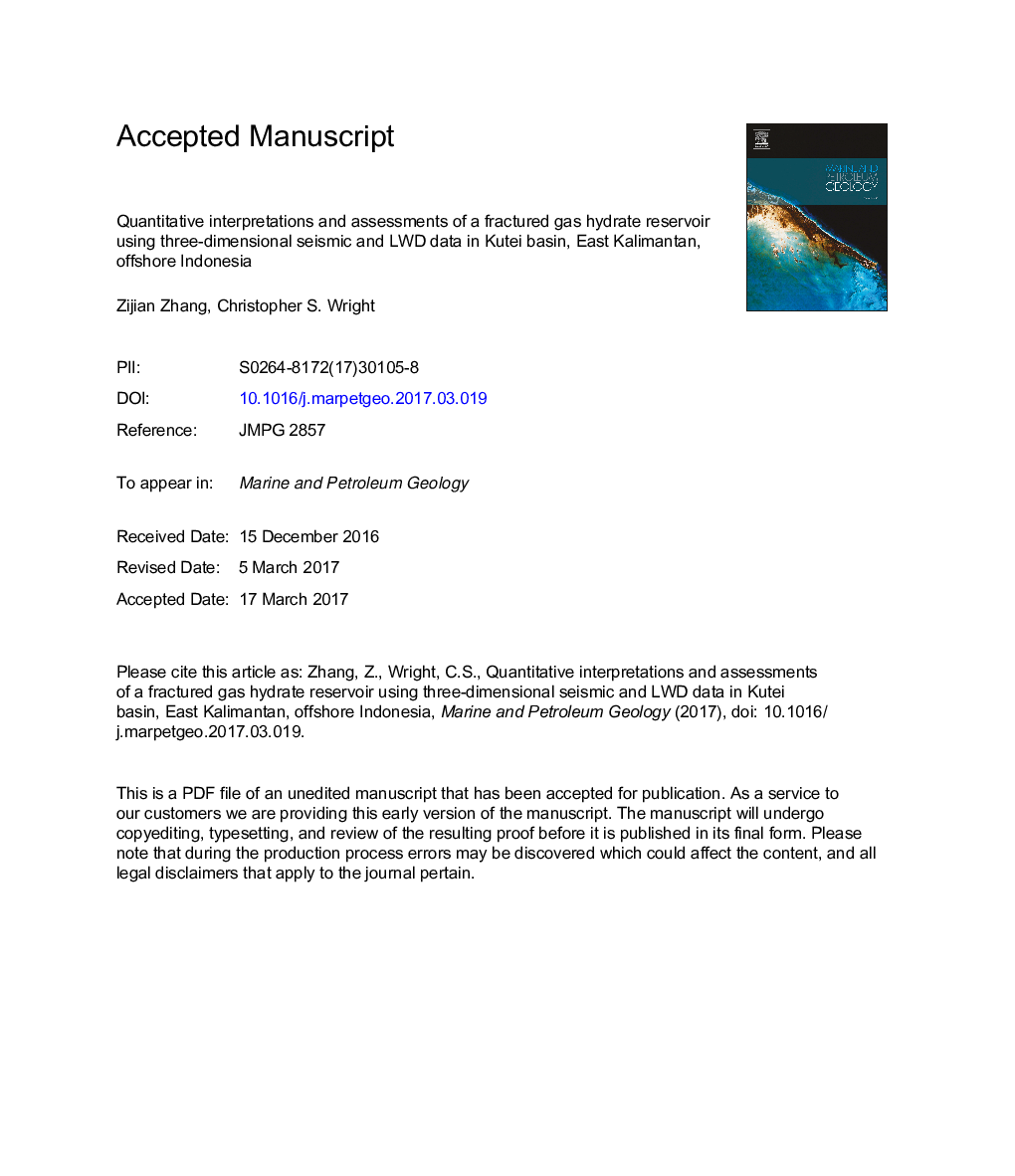 Quantitative interpretations and assessments of a fractured gas hydrate reservoir using three-dimensional seismic and LWD data in Kutei basin, East Kalimantan, offshore Indonesia