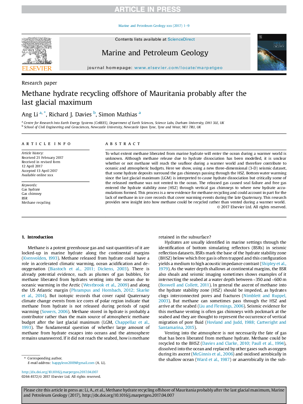 Methane hydrate recycling offshore of Mauritania probably after the last glacial maximum