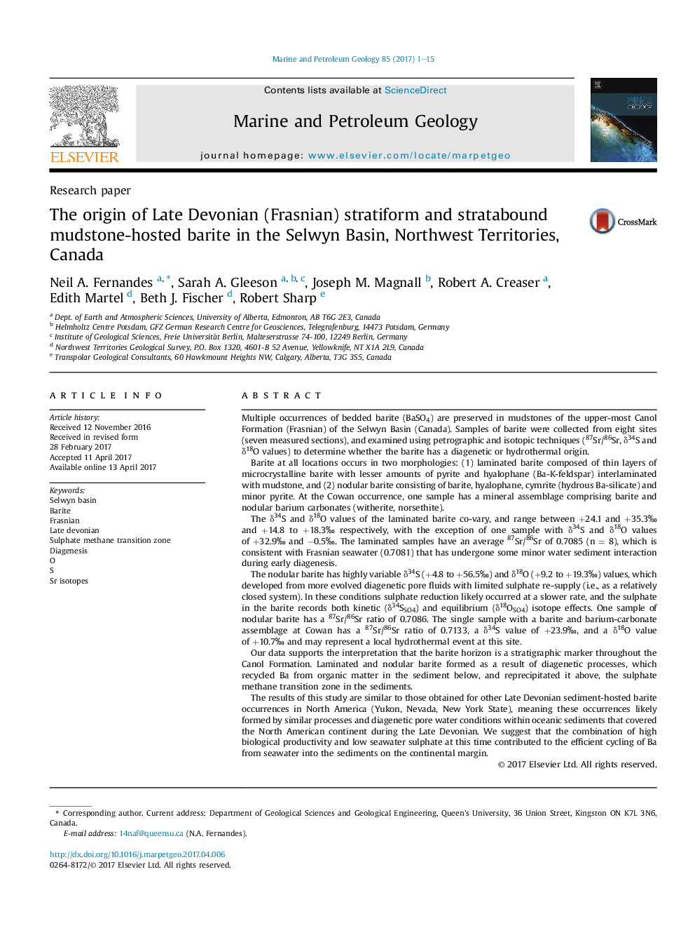 The origin of Late Devonian (Frasnian) stratiform and stratabound mudstone-hosted barite in the Selwyn Basin, Northwest Territories, Canada