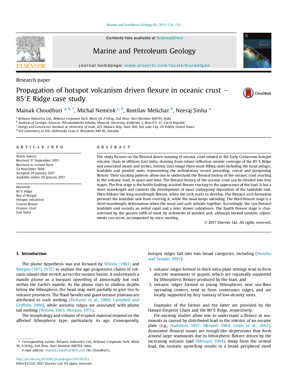 Propagation of hotspot volcanism driven flexure in oceanic crust - 85Â°E Ridge case study