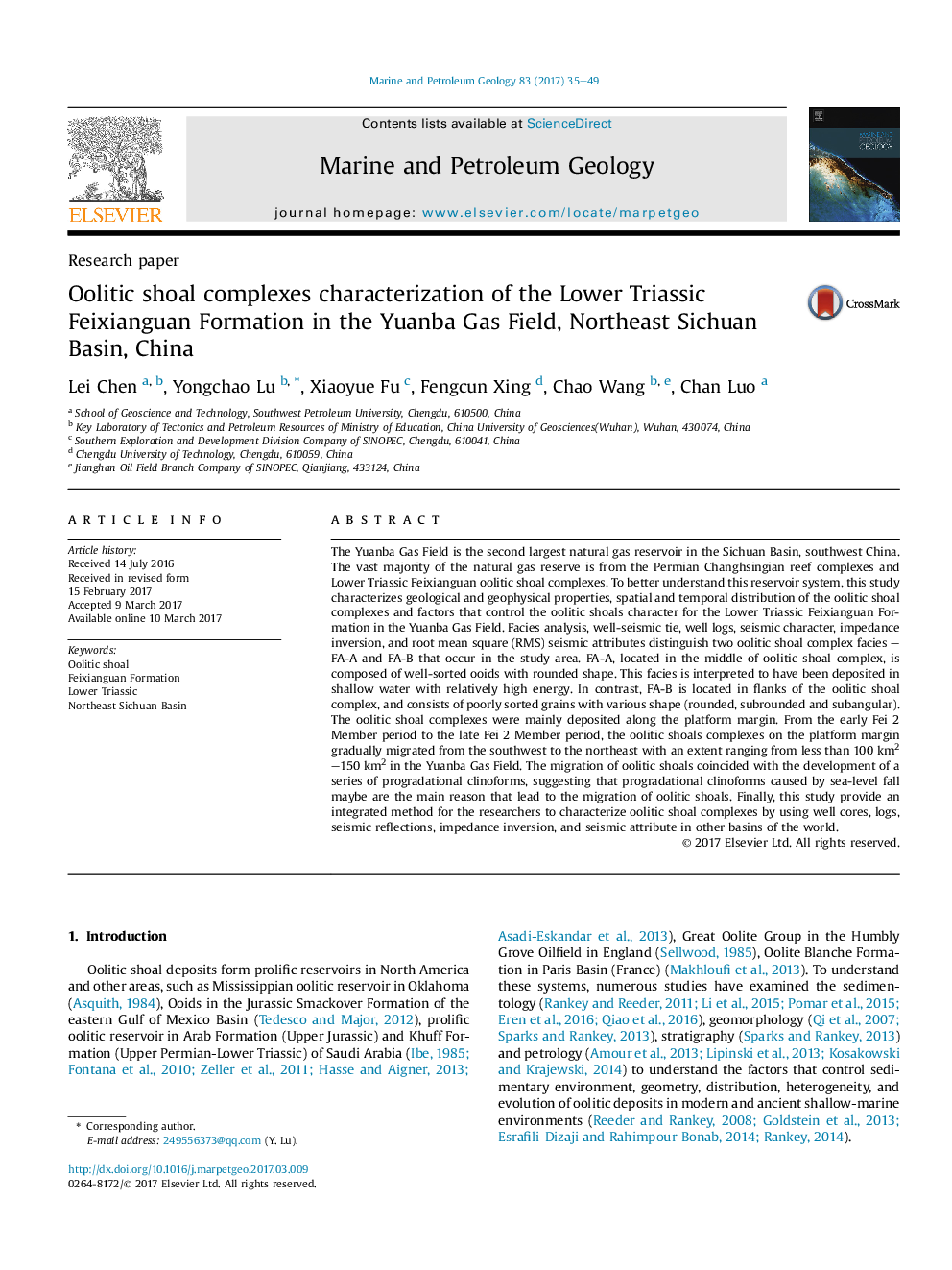 Research paperOolitic shoal complexes characterization of the Lower Triassic Feixianguan Formation in the Yuanba Gas Field, Northeast Sichuan Basin, China