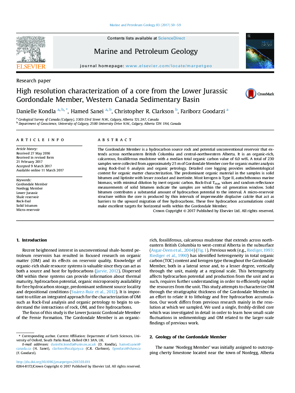 High resolution characterization of a core from the Lower Jurassic Gordondale Member, Western Canada Sedimentary Basin
