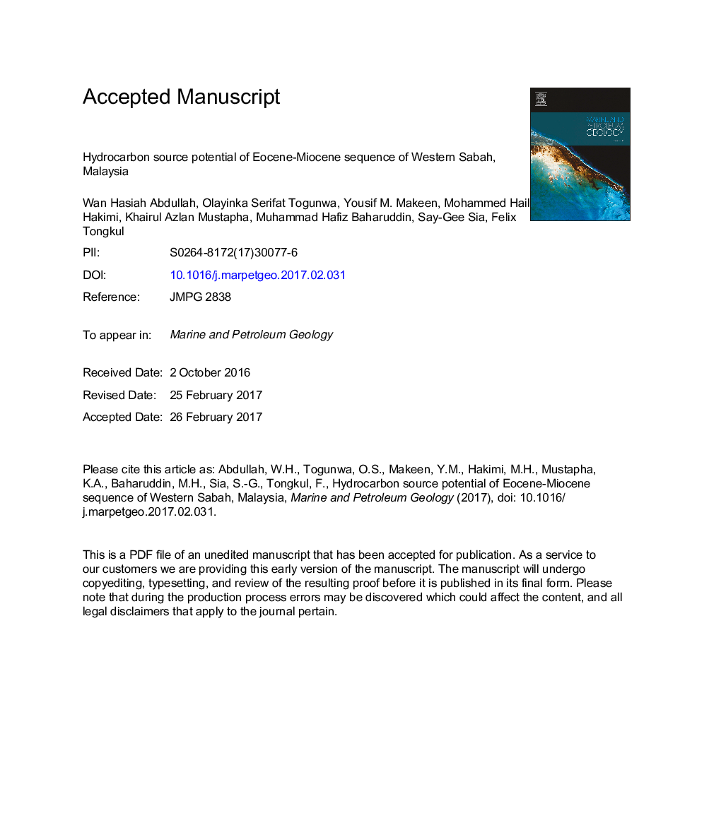 Hydrocarbon source potential of Eocene-Miocene sequence of Western Sabah, Malaysia