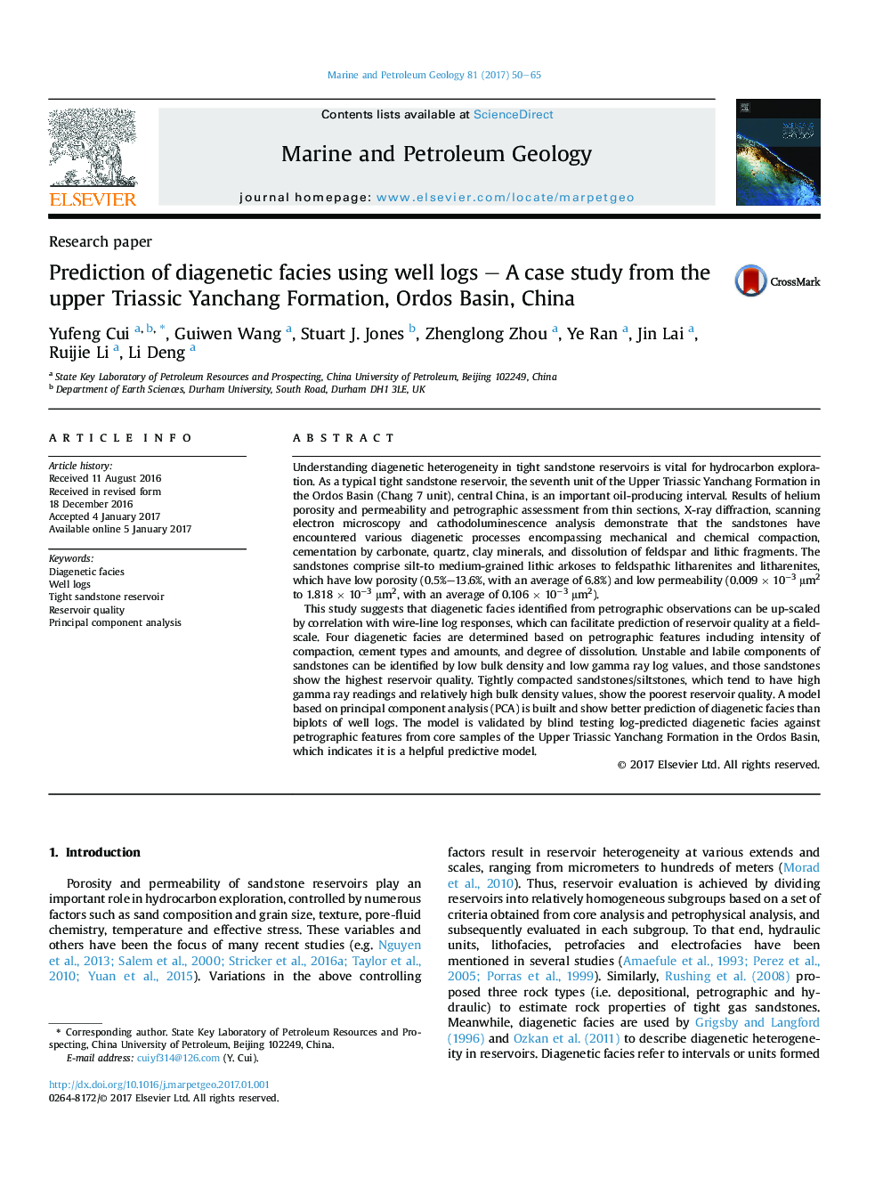 Prediction of diagenetic facies using well logs - A case study from the upper Triassic Yanchang Formation, Ordos Basin, China