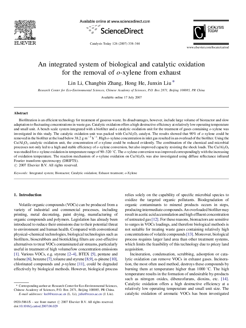 An integrated system of biological and catalytic oxidation for the removal of o-xylene from exhaust