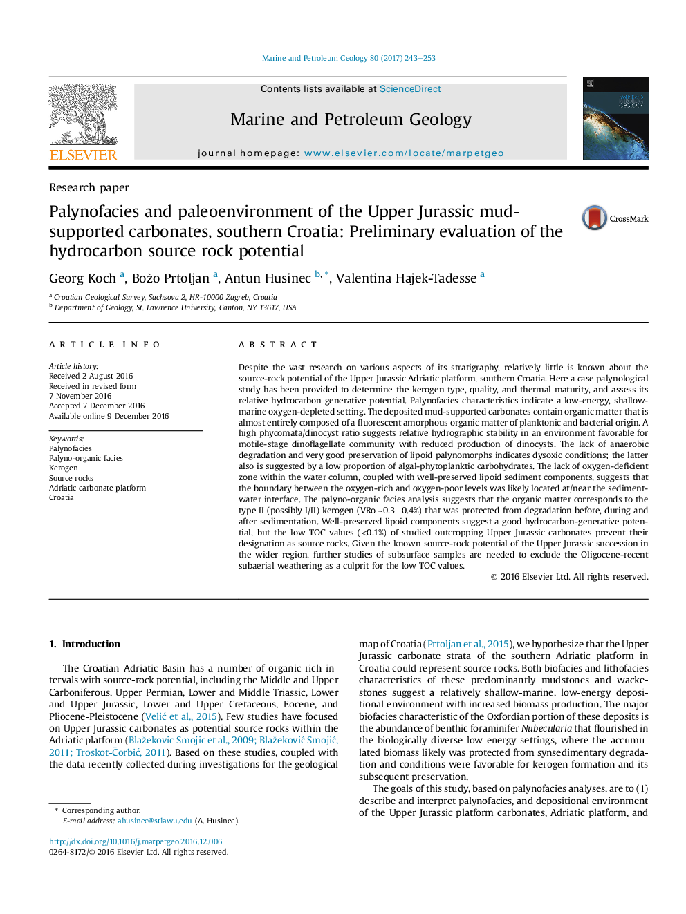 Palynofacies and paleoenvironment of the Upper Jurassic mud-supported carbonates, southern Croatia: Preliminary evaluation of the hydrocarbon source rock potential