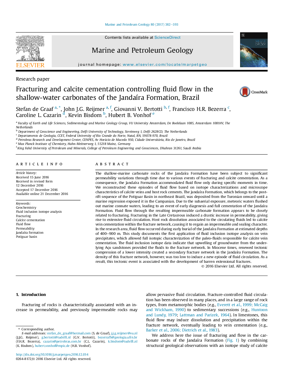 Fracturing and calcite cementation controlling fluid flow in the shallow-water carbonates of the JandaÃ­ra Formation, Brazil