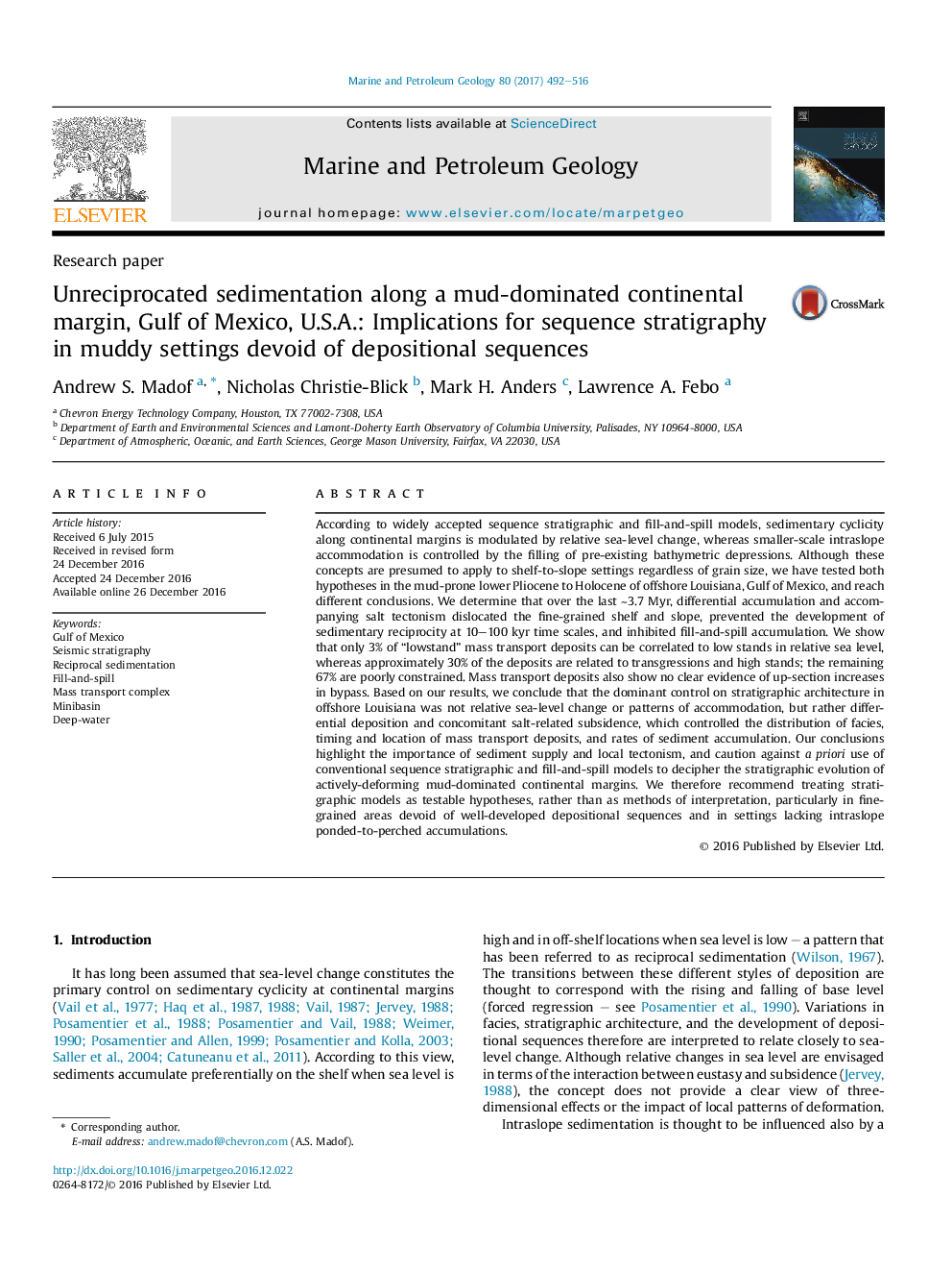 Unreciprocated sedimentation along a mud-dominated continental margin, Gulf of Mexico, U.S.A.: Implications for sequence stratigraphy in muddy settings devoid of depositional sequences