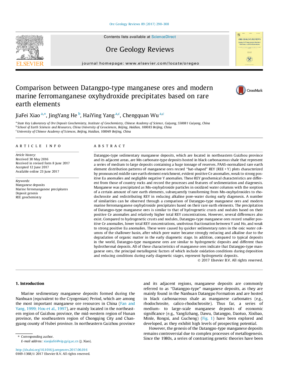 Comparison between Datangpo-type manganese ores and modern marine ferromanganese oxyhydroxide precipitates based on rare earth elements