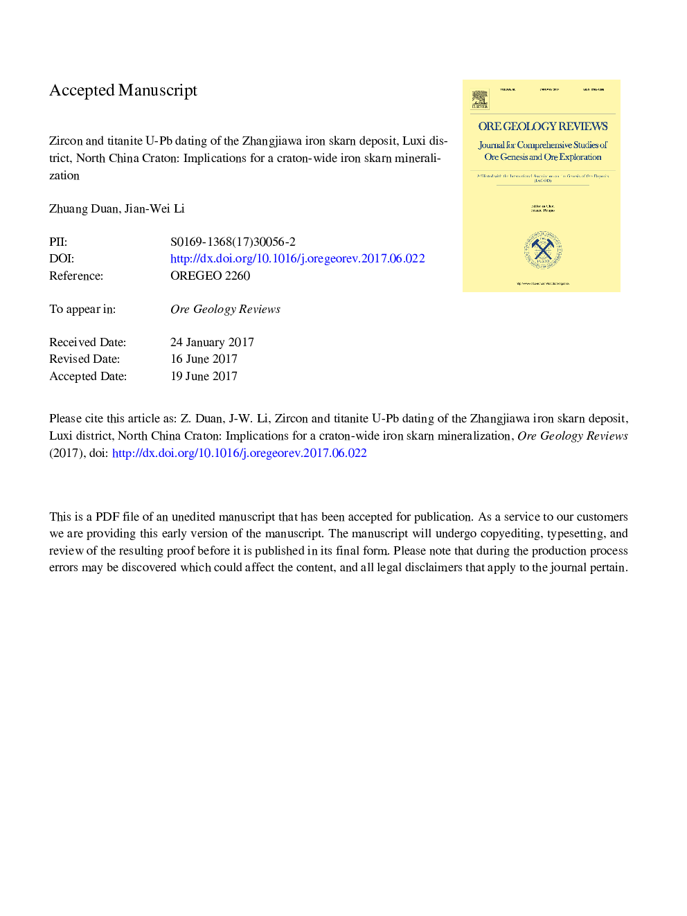 Zircon and titanite U-Pb dating of the Zhangjiawa iron skarn deposit, Luxi district, North China Craton: Implications for a craton-wide iron skarn mineralization