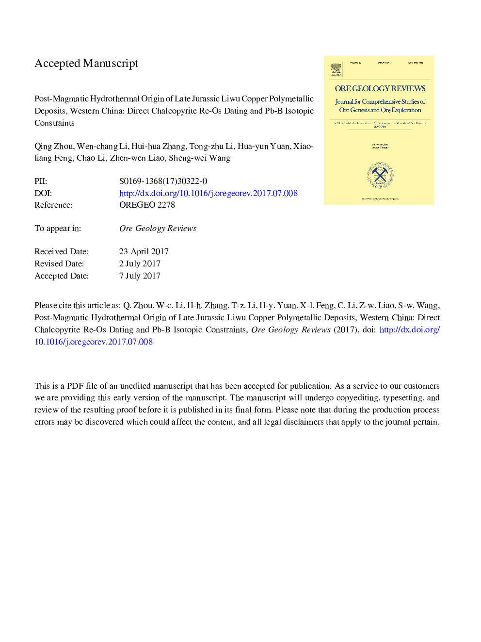 Post-magmatic hydrothermal origin of late Jurassic Liwu copper polymetallic deposits, western China: Direct chalcopyrite Re-Os dating and Pb-B isotopic constraints