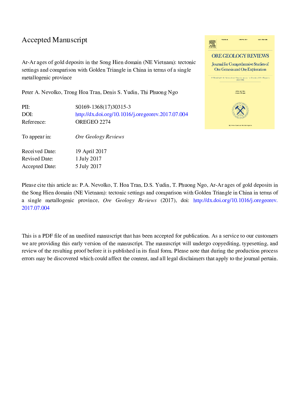 Ar-Ar ages of gold deposits in the Song Hien domain (NE Vietnam): Tectonic settings and comparison with Golden Triangle in China in terms of a single metallogenic province