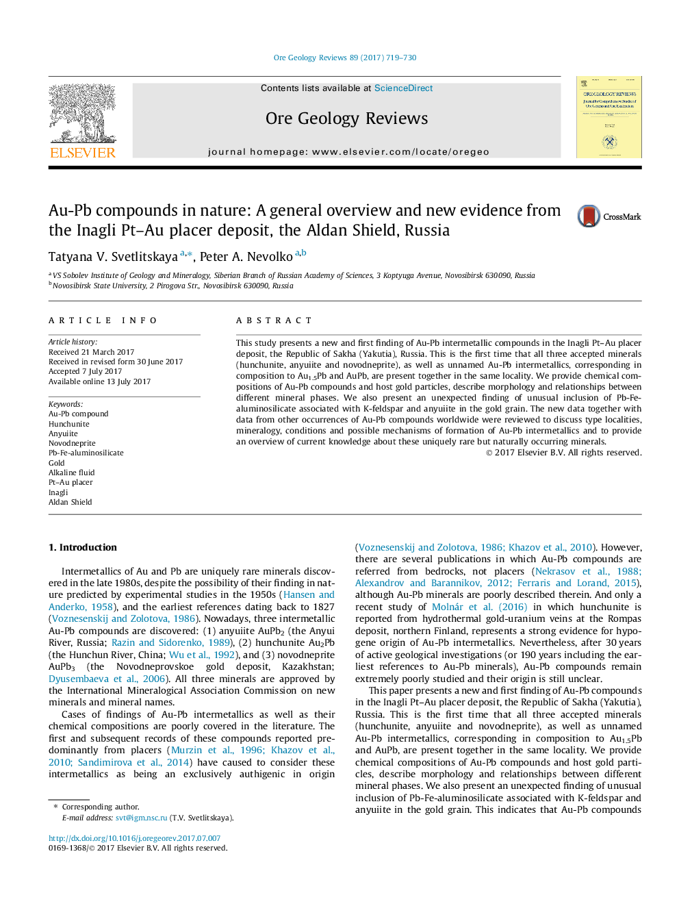 Au-Pb compounds in nature: A general overview and new evidence from the Inagli Pt-Au placer deposit, the Aldan Shield, Russia