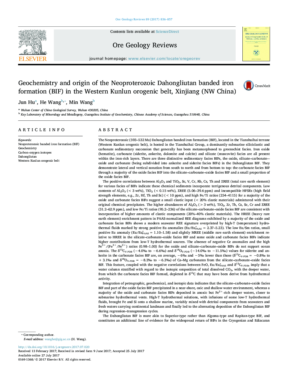 Geochemistry and origin of the Neoproterozoic Dahongliutan banded iron formation (BIF) in the Western Kunlun orogenic belt, Xinjiang (NW China)