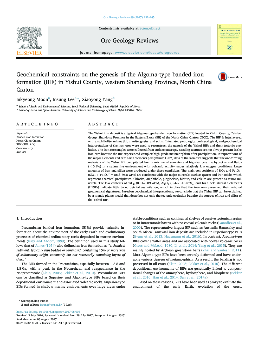 Geochemical constraints on the genesis of the Algoma-type banded iron formation (BIF) in Yishui County, western Shandong Province, North China Craton