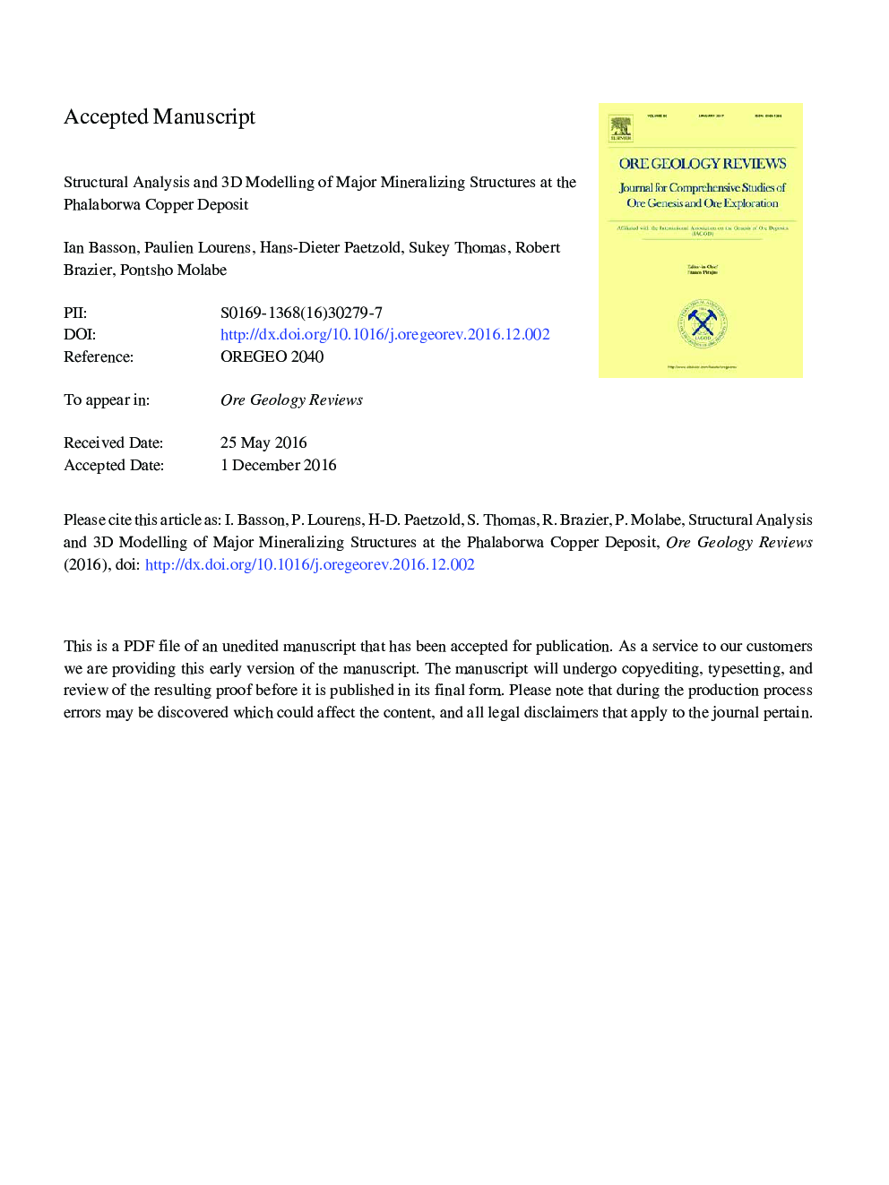 Structural analysis and 3D modelling of major mineralizing structures at the Phalaborwa copper deposit