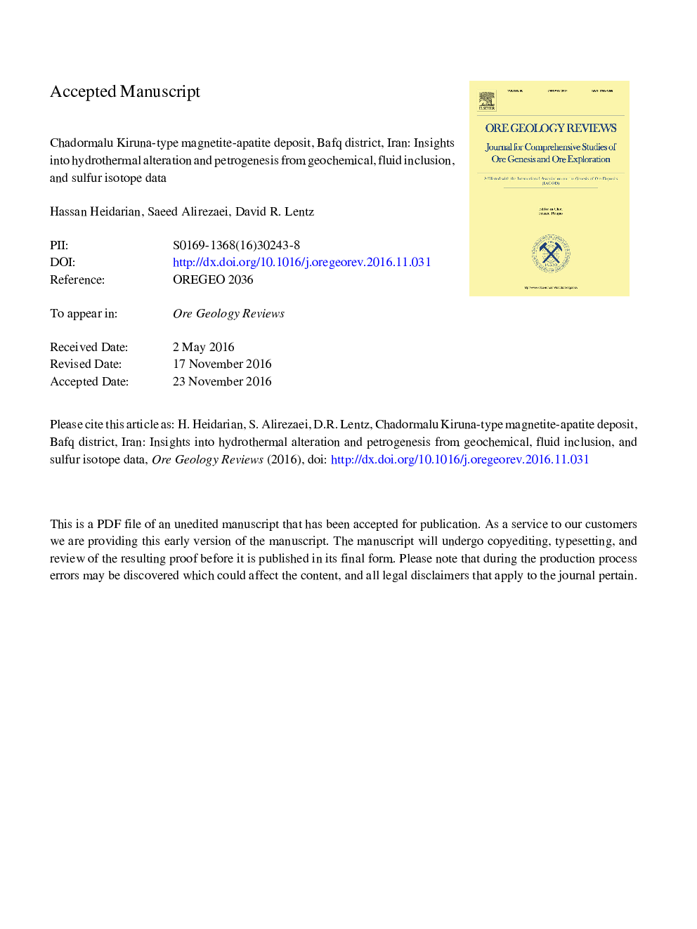 Chadormalu Kiruna-type magnetite-apatite deposit, Bafq district, Iran: Insights into hydrothermal alteration and petrogenesis from geochemical, fluid inclusion, and sulfur isotope data