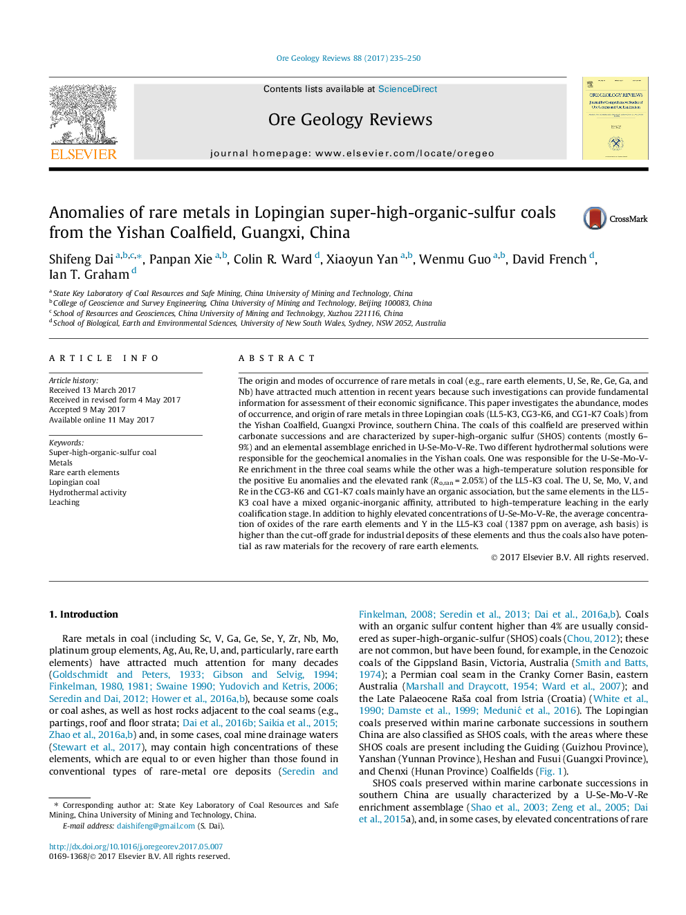 Anomalies of rare metals in Lopingian super-high-organic-sulfur coals from the Yishan Coalfield, Guangxi, China