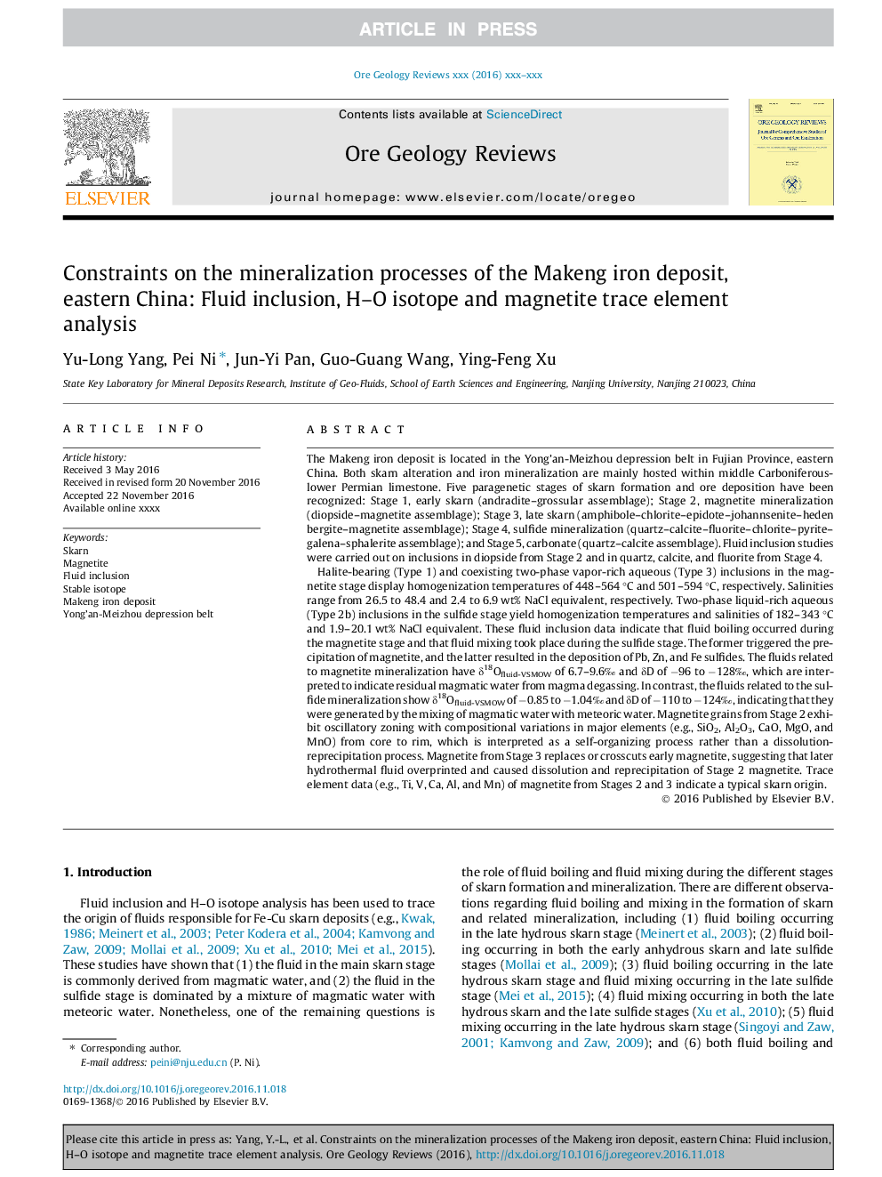 Constraints on the mineralization processes of the Makeng iron deposit, eastern China: Fluid inclusion, H-O isotope and magnetite trace element analysis