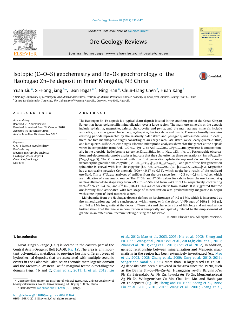 Isotopic (C-O-S) geochemistry and Re-Os geochronology of the Haobugao Zn-Fe deposit in Inner Mongolia, NE China