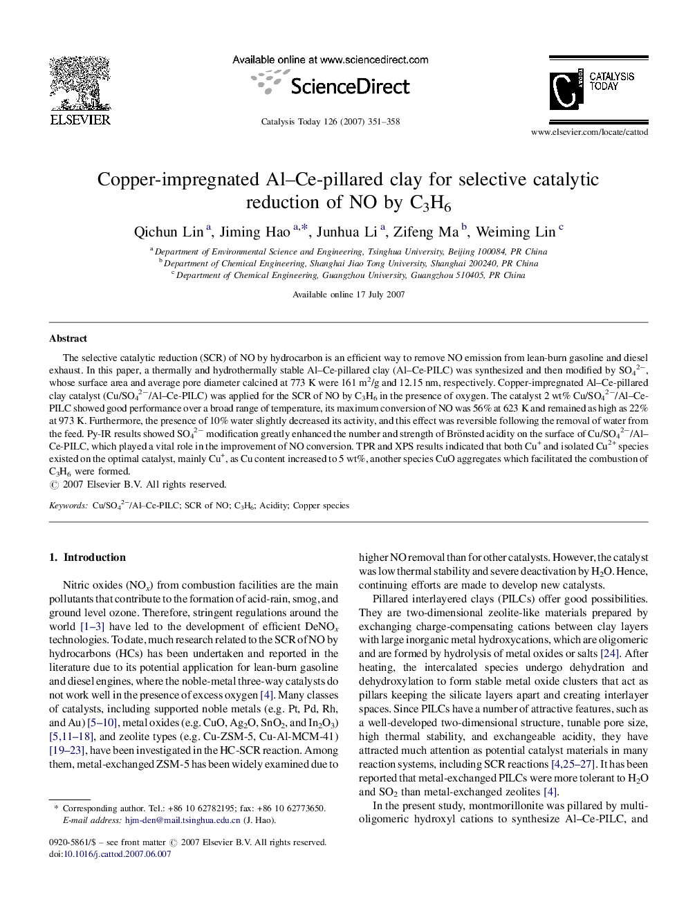 Copper-impregnated Al–Ce-pillared clay for selective catalytic reduction of NO by C3H6