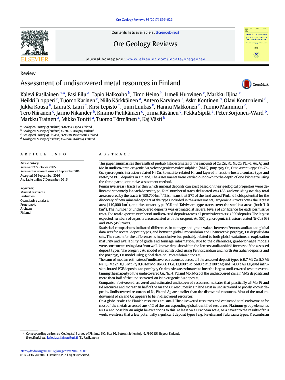 ReviewAssessment of undiscovered metal resources in Finland