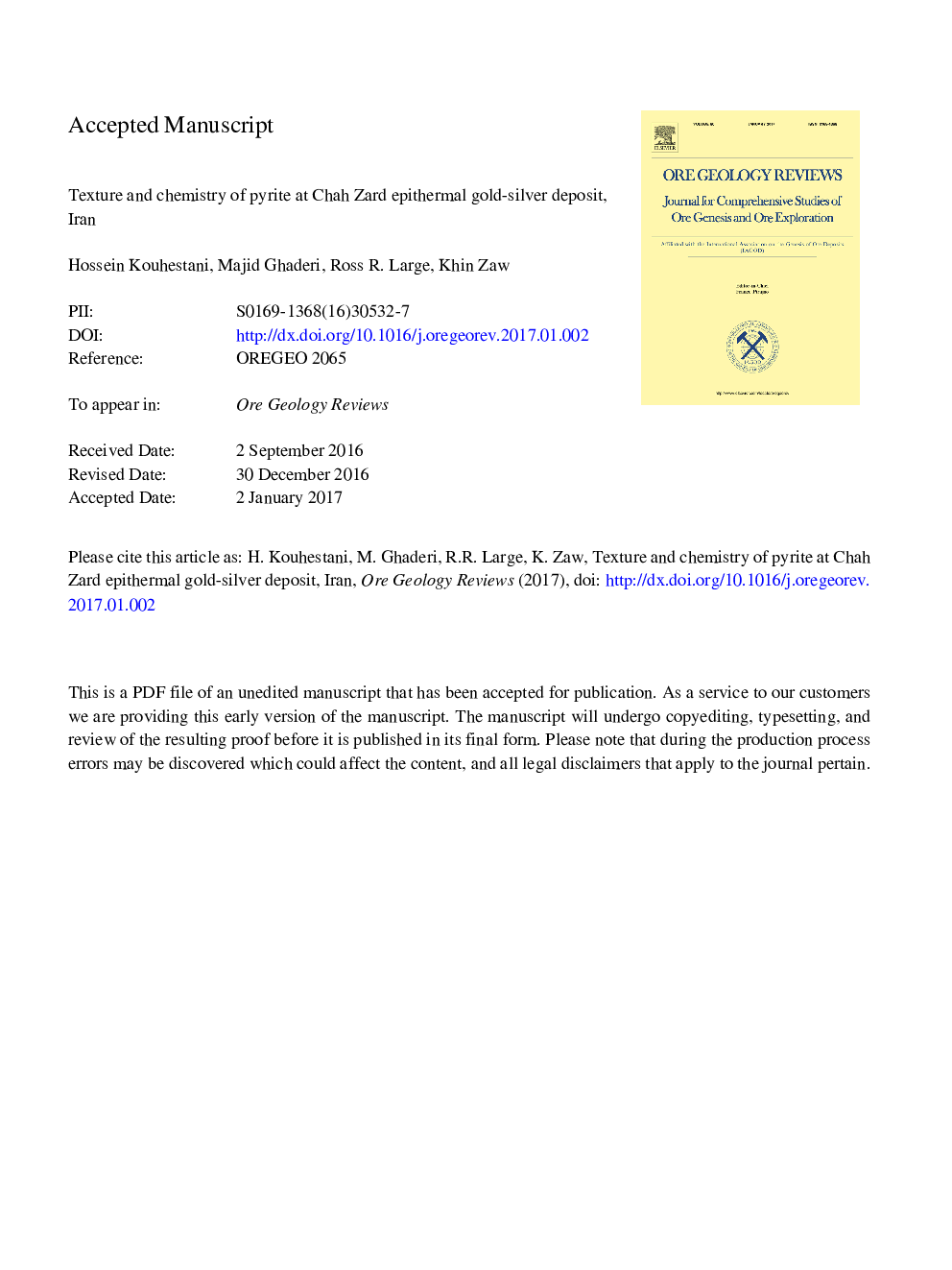 Texture and chemistry of pyrite at Chah Zard epithermal gold-silver deposit, Iran