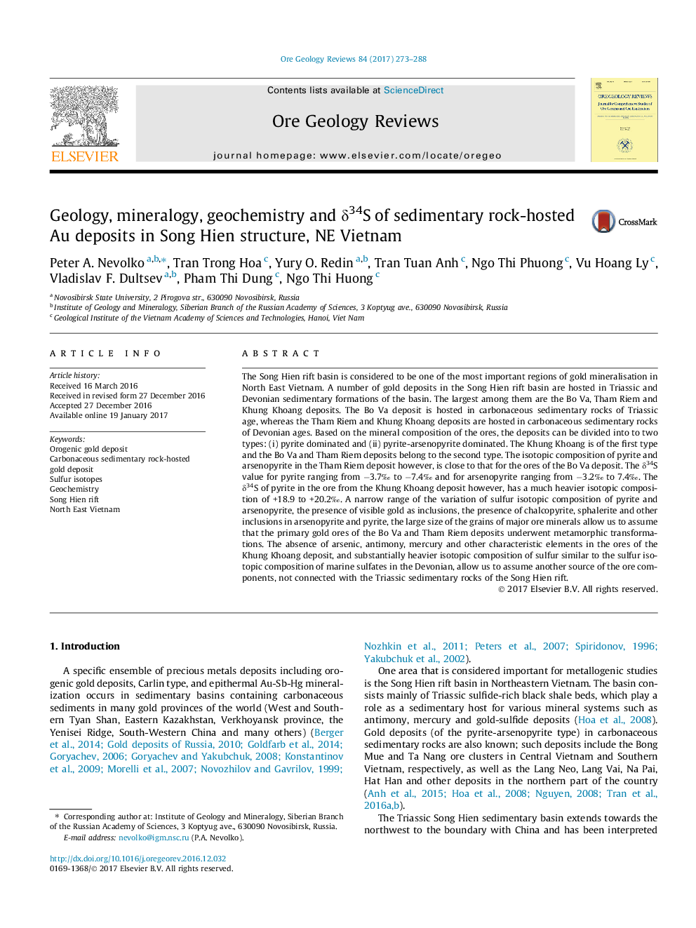 Geology, mineralogy, geochemistry and Î´34S of sedimentary rock-hosted Au deposits in Song Hien structure, NE Vietnam