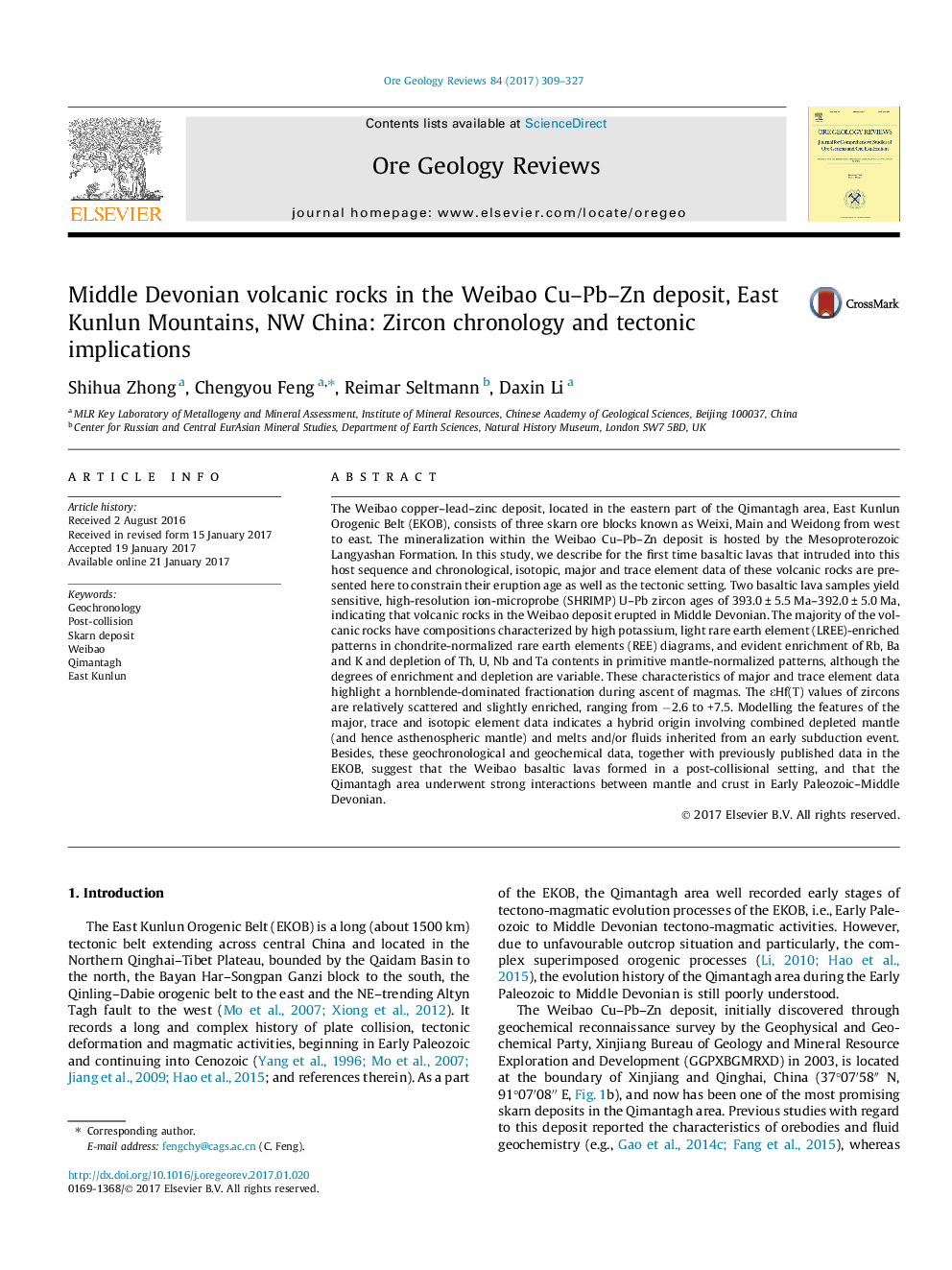 Middle Devonian volcanic rocks in the Weibao Cu-Pb-Zn deposit, East Kunlun Mountains, NW China: Zircon chronology and tectonic implications