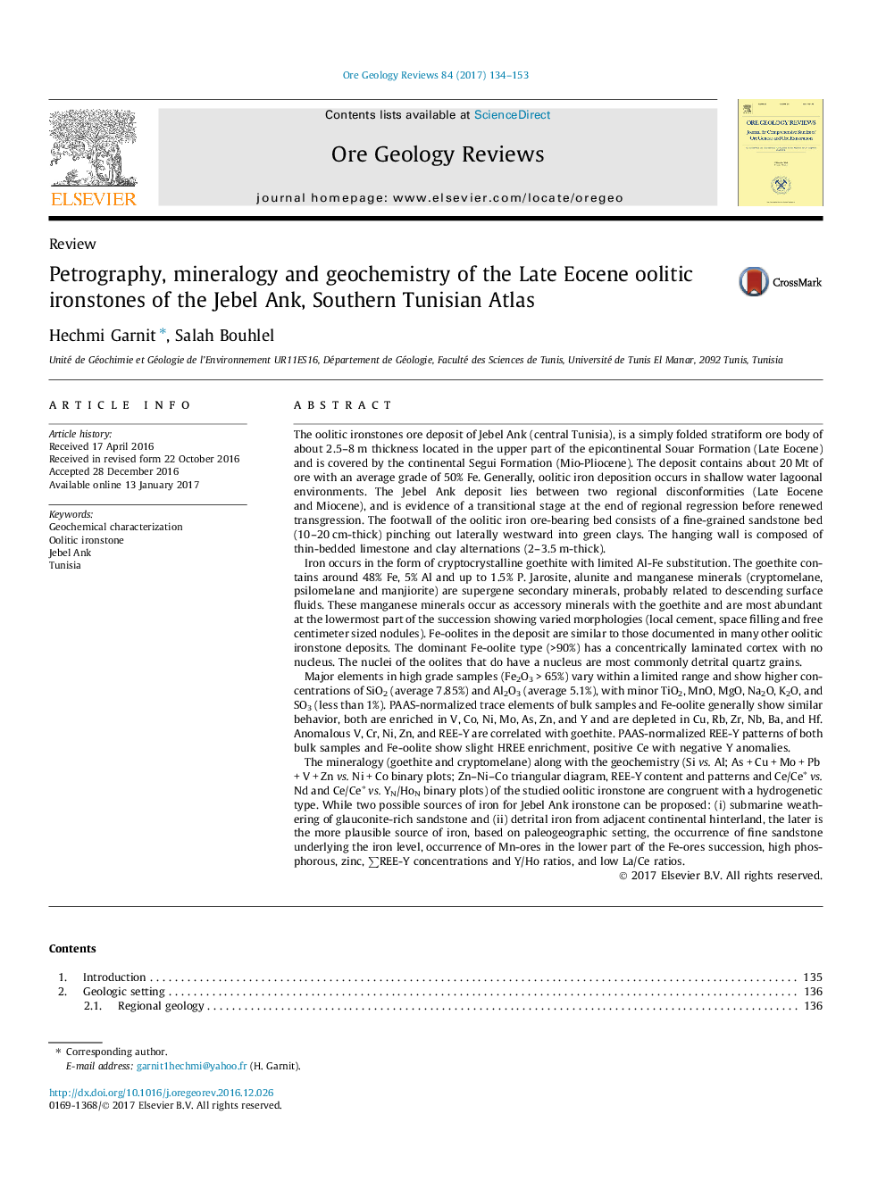 ReviewPetrography, mineralogy and geochemistry of the Late Eocene oolitic ironstones of the Jebel Ank, Southern Tunisian Atlas