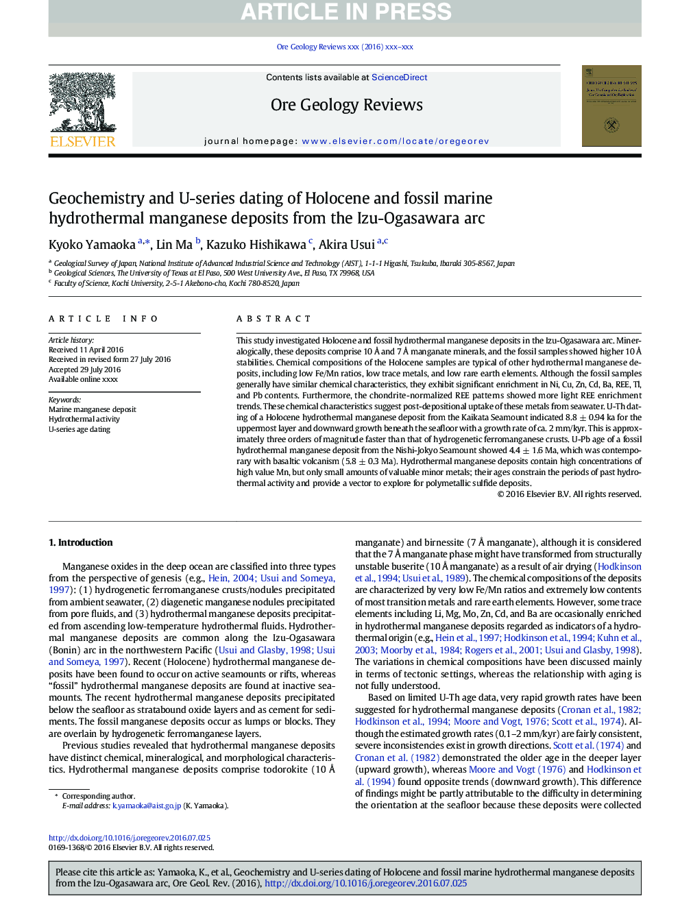 Geochemistry and U-series dating of Holocene and fossil marine hydrothermal manganese deposits from the Izu-Ogasawara arc